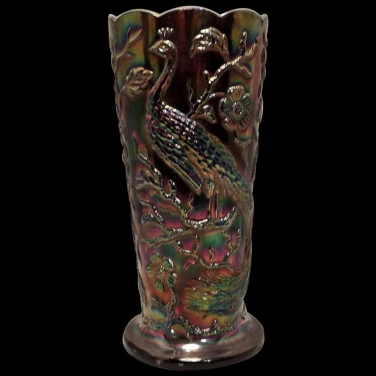 Fenton Dark Amethyst #8257 Peacock Garden Carnival Glass Vase (1 of 7)