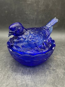 Vintage Cobalt Glass Bird on Nest Candy Dish Dove Marked "H"