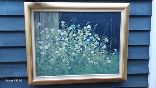 oil painting Beautiful Colorful 1920 Blue Flowers signed Frank Bly