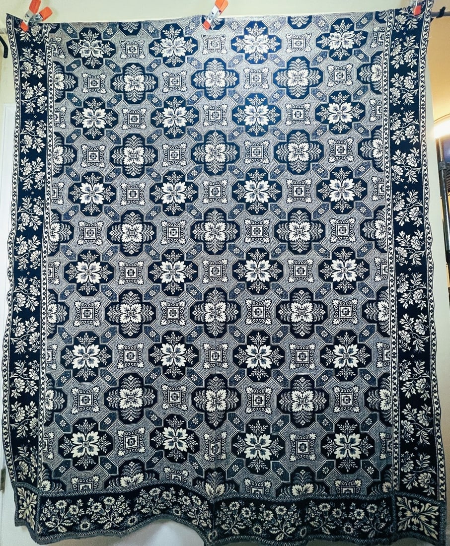 Antique Blue & White Jacquard Woven Wool Coverlet Americana 93" x 75" Homespun (1 of 7)