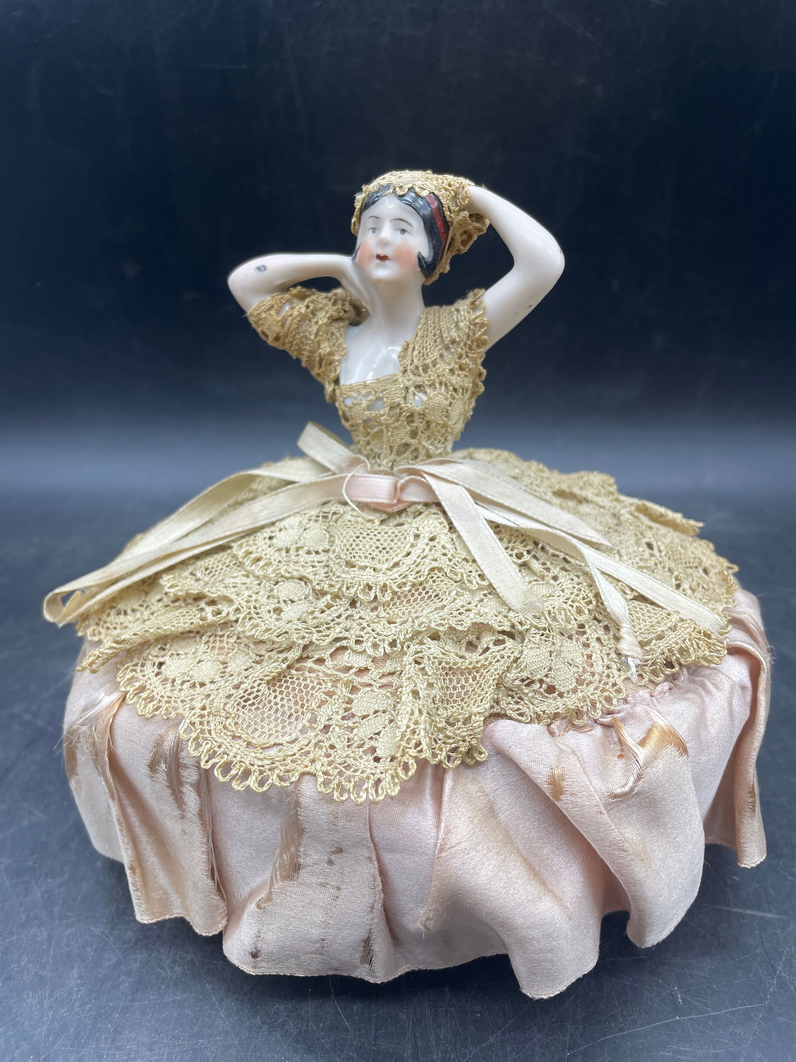 Antique Victorian Porcelain Half Doll Sewing Pin Cushion (1 of 8)