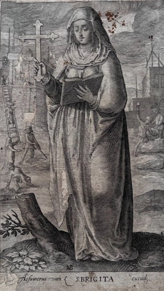 Antique Etching Saint Brigite Nicolaes de Bruyn (1571-1656), Londerseel: Title: Antique Etching Saint Brigite Nicolaes de Bruyn (1571-1656), Londerseel Description: Engraving on paper 25 x 16.5 cm stains, folds, tears Reserve: $100.00 Shipping: Domestic