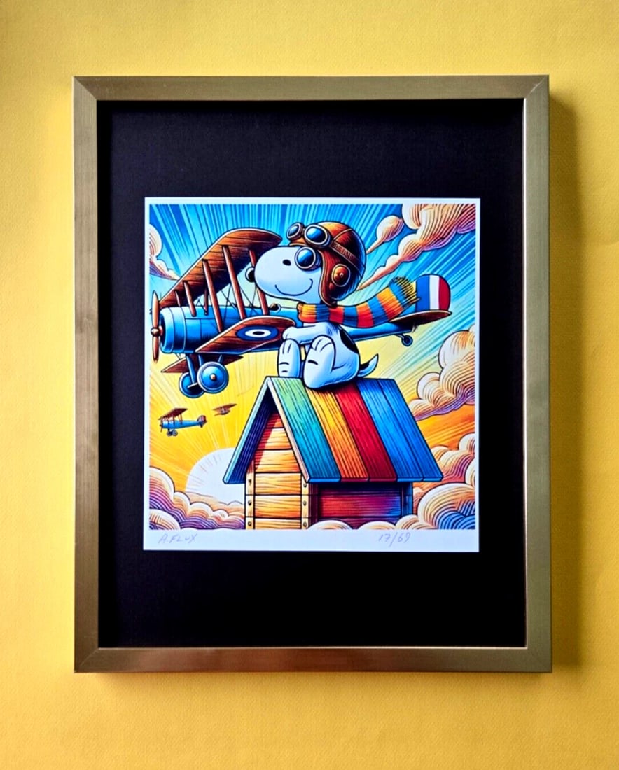 AIDAN FLUX | Hand Signed Original Print Framed LtdEd of 69 COA | SNOOPY AVIATOR: This is a Stunning and Scarce 100% Authentic New Print by Aidan Flux AIDAN Flux represents a new wave of artists who embrace technology as a partner in creation, crafting works that resonate with the 