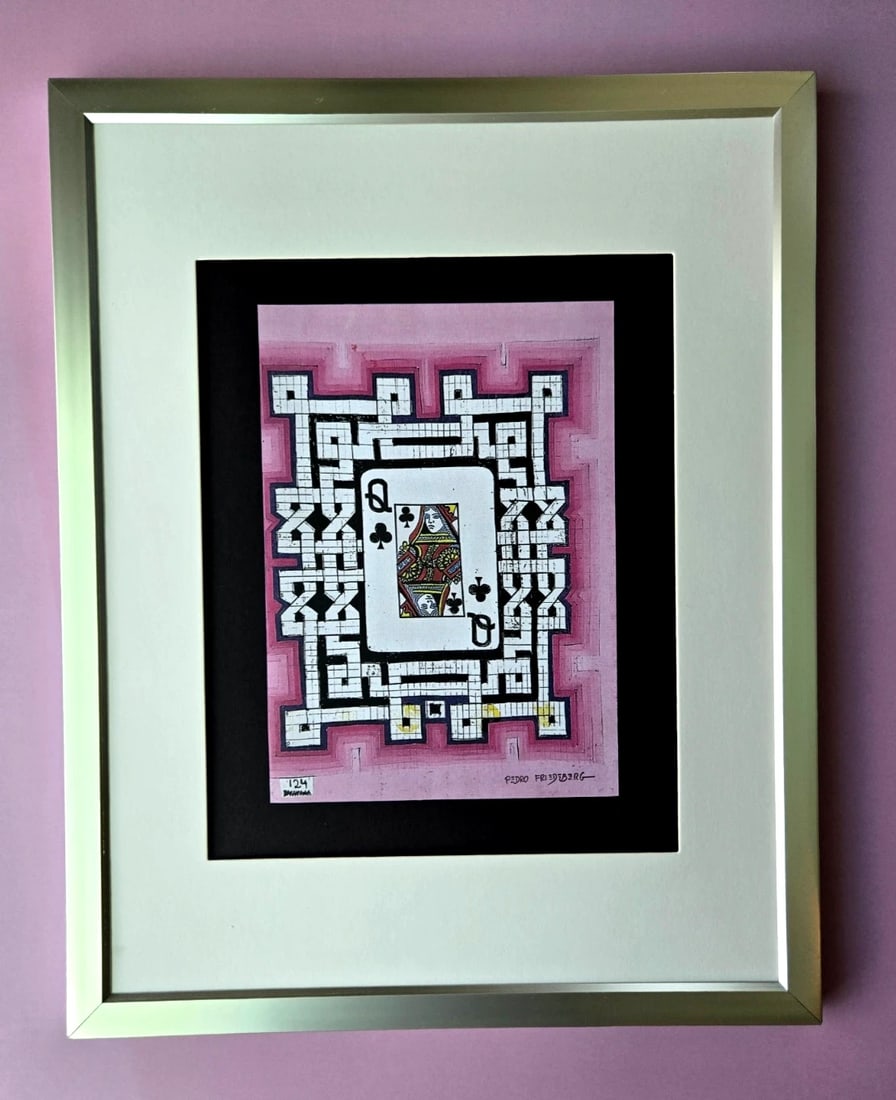 Pedro Friedeberg + Signed Print Framed + Ready to Hang + Queen of Clubs Maze: PEDRO FRIEDEBERG Add a collector's gem to your space with this framed print by renowned Mexican surrealist and designer Pedro Friedeberg. Known for his intricate, symbolic, and architectural compositi