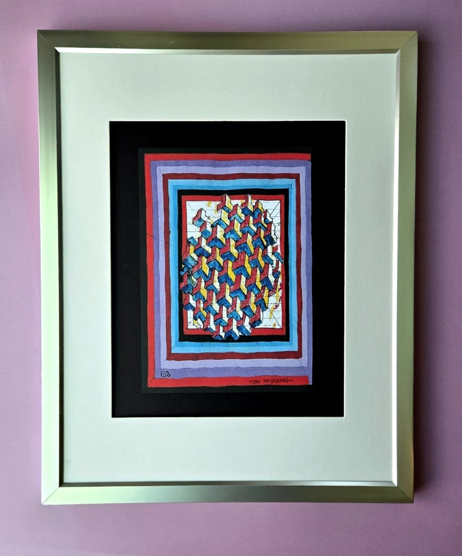 Pedro Friedeberg + Signed Print Framed + Ready to Hang Geometric Color Maze: PEDRO FRIEDEBERG Add a collector's gem to your space with this framed print by renowned Mexican surrealist and designer Pedro Friedeberg. Known for his intricate, symbolic, and architectural compositi