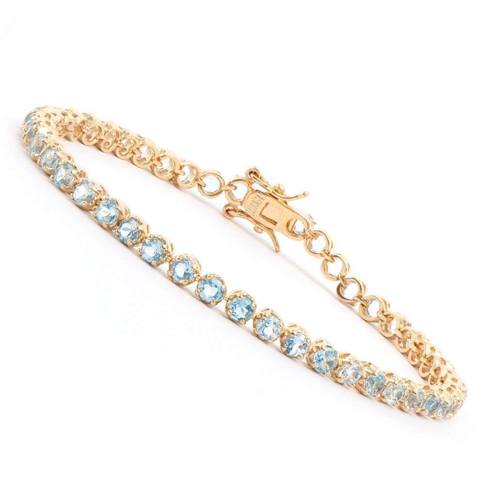 4.10 TW CTS BLUE TOPAZ 18K GOLD PLATED DESIGNER BRACELET SIZE 7.5 INCHES: BLUE TOPAZ ROUNDS 3 MM 46 PCS 4.10 CTS Reserve: $53 Shipping: Domestic: Flat-rate of $18 to anywhere within the contiguous U.S. International: Foreign shipping rates are determined by destination. Int