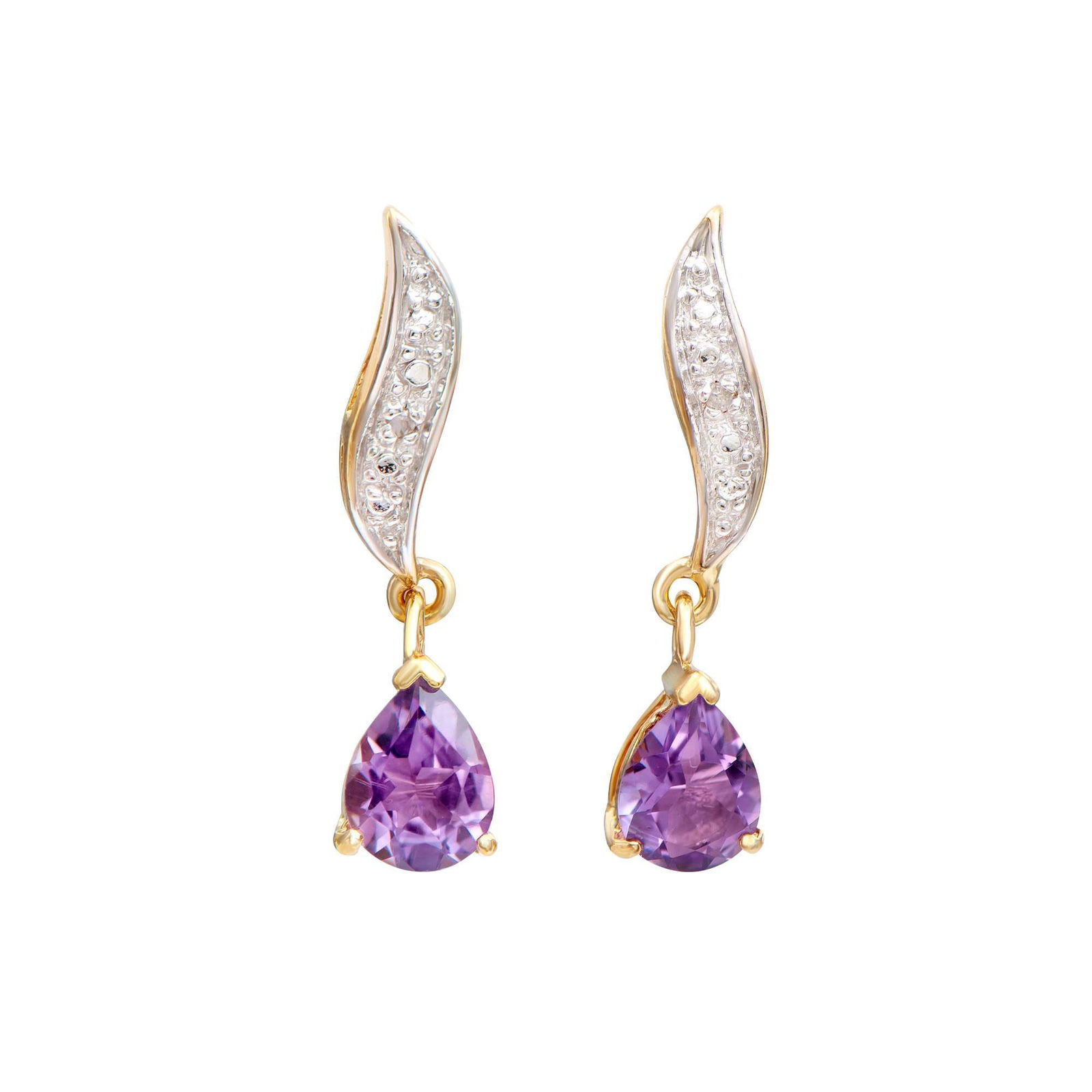 2.04 ctw Amethyst & Diamonds 18K Gold Plated Designer Earrings: Title: 2.04 ctw Amethyst & Diamonds 18K Gold Plated Designer Earrings Stone 1: Amethyst Color: Violet Shape: Pears Size: 8x6 Quantity: 2 CTW: 2.02 Stone 2: Diamonds Color: H-I Shape: Rounds Size: 1.2m