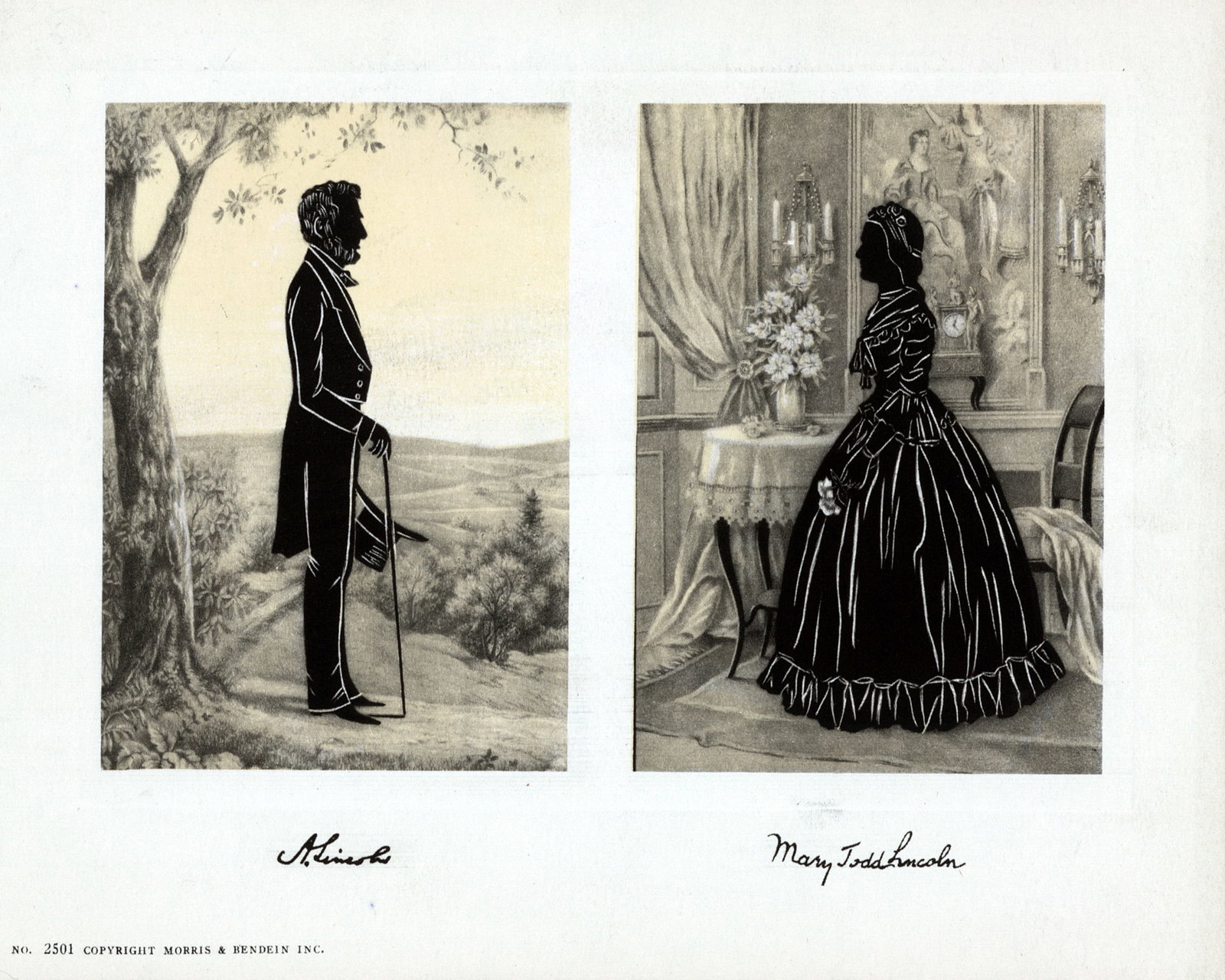 Silhouette portrait of Abraham and Mary Todd Lincoln: Title: Silhouette portrait of Abraham and Mary Todd Lincoln Artist/Source: Morris & Bendein Original Date: UNKNOWN Dimensions: 8X10 Description: || UNITED STATES SHIPPING ONLY! || This lot is a Dye Ba