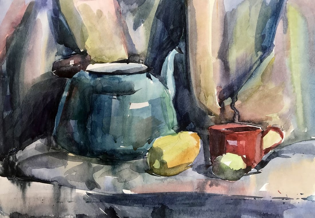 Watercolor painting Breakfast Unknown artist: AAA2781 The watercolor painting is a lovely still life that captures the vibrant colors of a yellow pepper and a green apple. The pepper is situated towards the left side of the composition, while the