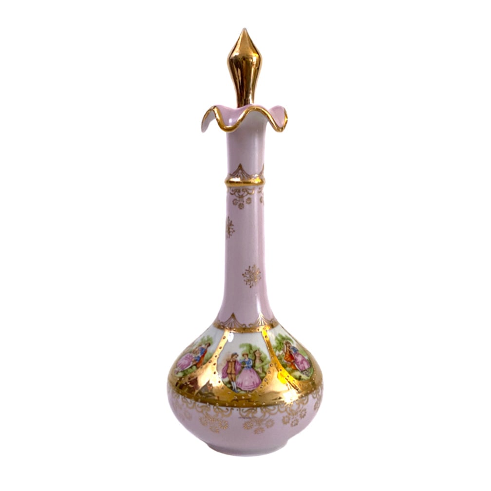 Arnart Long Neck Porcelain Bottle and Stopper: This is an Arnart Imports long neck porcelain bottle with stopper. This pink background bottle has six medallion screen printed romantic scenes, and is hand decorated with heavy gold overlay. This Hol
