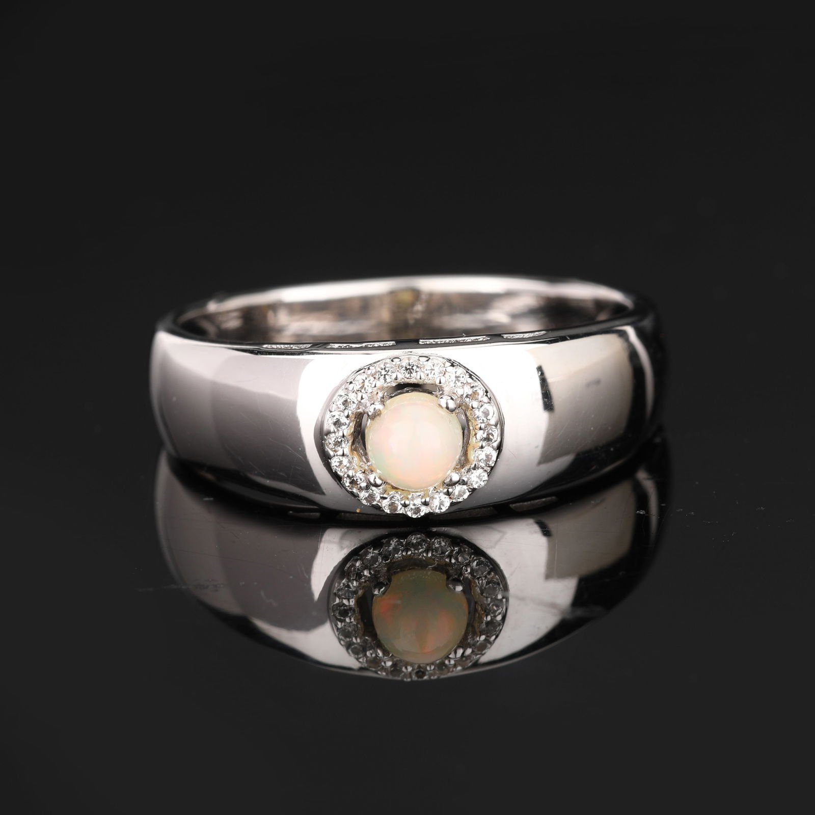 Ring- Ethiopian Opal CAB Oval 5x4mm - 1Pc + White Topaz Round 0.90mm - 20Pcs (1 of 5)