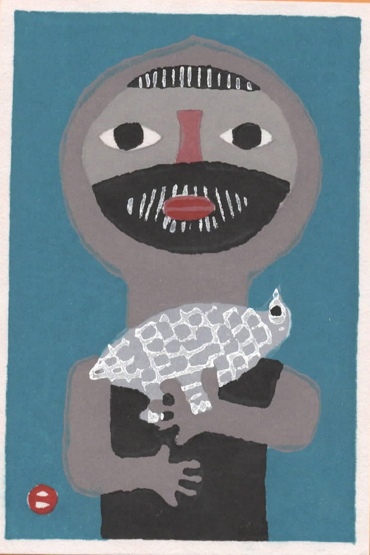 Umetaro Azechi (1902 - 1999); Mt Man With Bird: Artist/Title: Umetaro Azechi (1902 - 1999); Mt Man With Bird Medium: Woodblock Print Size/Format: The print measures 4 1/4 X 6 1/4 inches Condition: The print is in excellent, never framed condition. 
