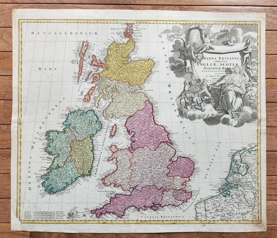1711 GREAT BRITAIN antique MAP w/ SCOTLAND & IRELAND by JOHANN HOMANN AUTHENTIC: Johann Baptista Homann Germany, ca. 1664–1724 Magna Britannia complectens Angliae, Scotiae, et Hiberniae Regna (Great Britain incl. Scotland and Ireland) Hand-colored etching on paper, undated (