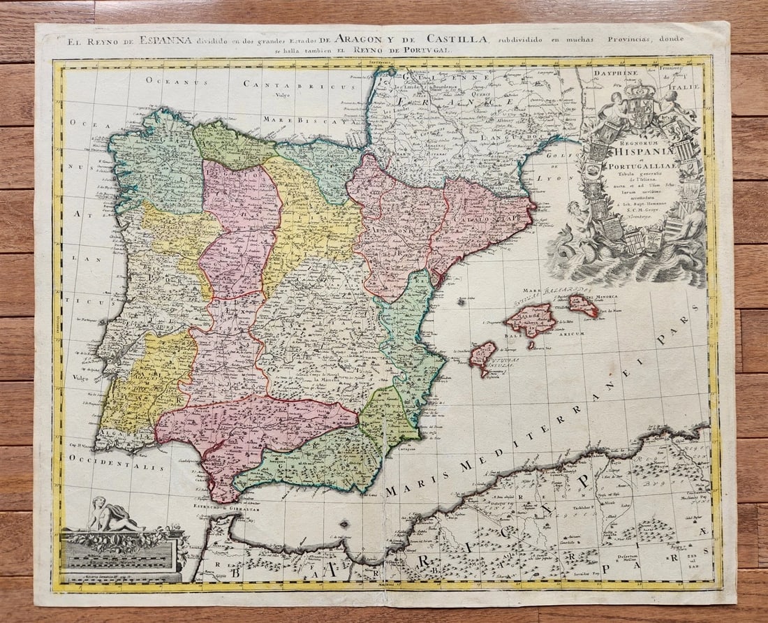 1730 SPAIN & PORTUGAL antique MAP REGNORUM HISPANIAE et PORTUGALLIAE J. HOMANN (1 of 7)