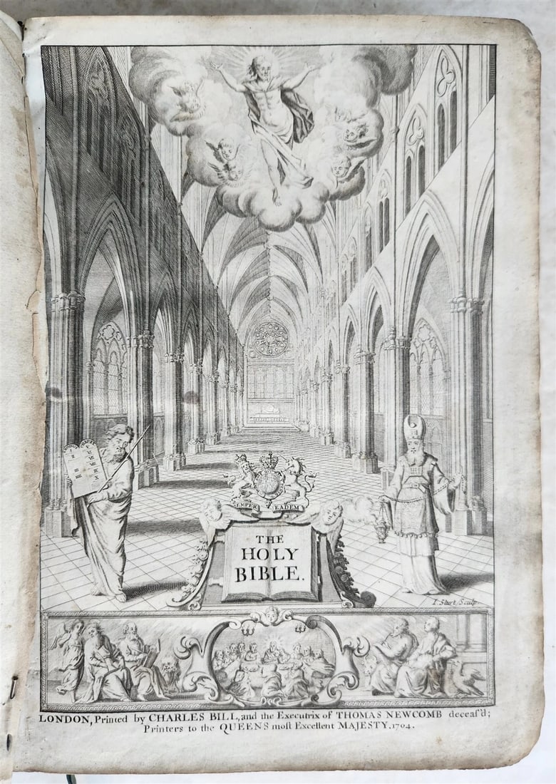 1703 BIBLE in ENGLISH antique Lonton: Charles Bill & Executrix of Thomas Newcomb: The Holy Bible, the Old and the New Testament. Lonton: Charles Bill & Executrix of Thomas Newcomb The engraved Title dated 1704, & the two printed titles dated 1703. PP: Two titles, A2, A-Eee4, (Fff)-