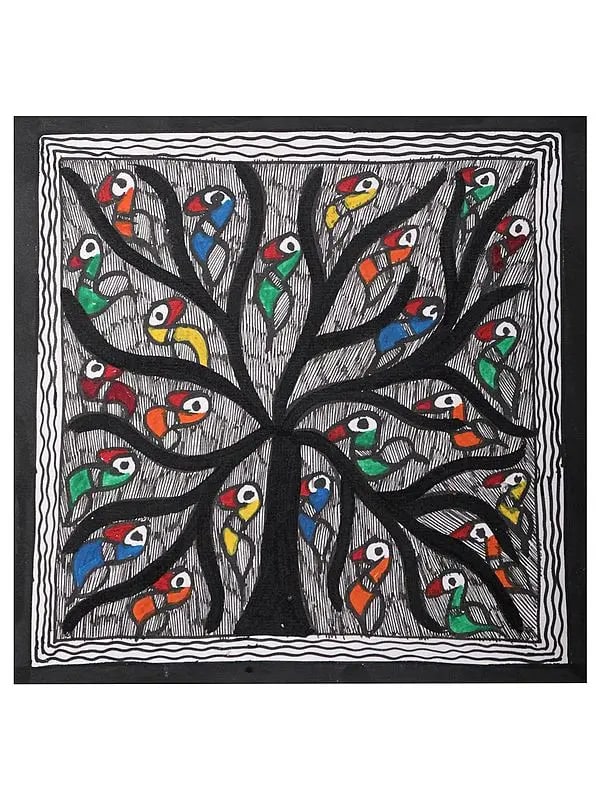Tree Full of Colorful Birds | Madhubani Painting on Handmade Paper: Tree Full of Colorful Birds | Madhubani Painting on Handmade Paper Reserve: $27.00 Shipping: Domestic: Shipping rates are determined by destination International: Foreign shipping rates are determined