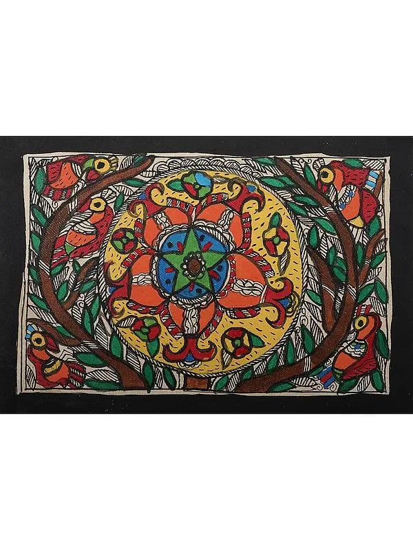Colorful Fish Design | Handmade Paper | By Ajay Kumar Jha: A Vibrant Tapestry of Myth and Nature: Unveiling the Madhubani Masterpiece This exquisite Madhubani painting, crafted by the talented Ajay Kumar Jha, transports you to the heart of Mithila, a region i