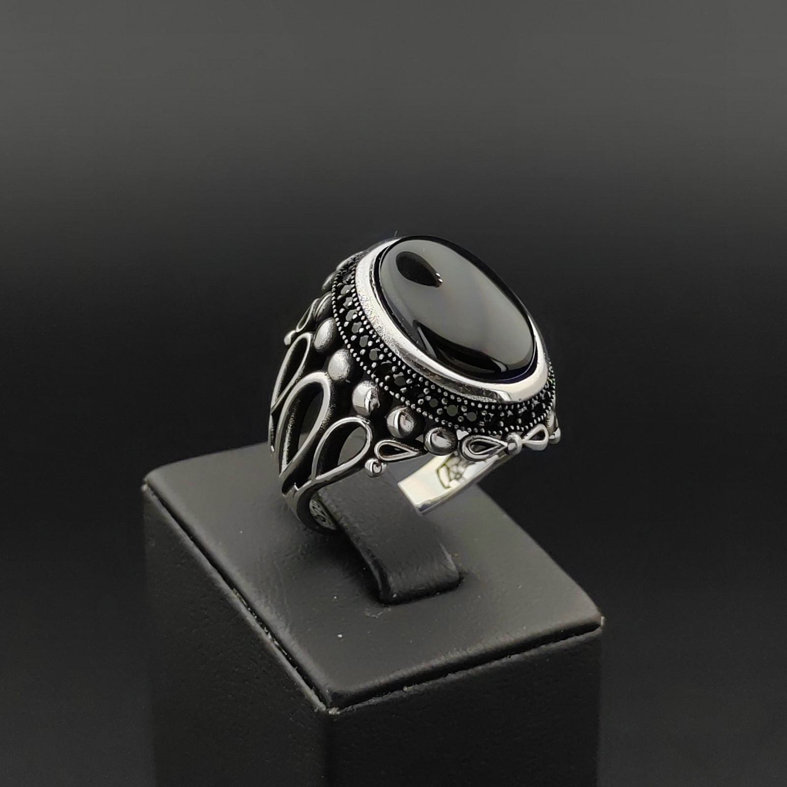 925 Silver Men's Ring with Black Onyx and Black Zircons (1 of 8)