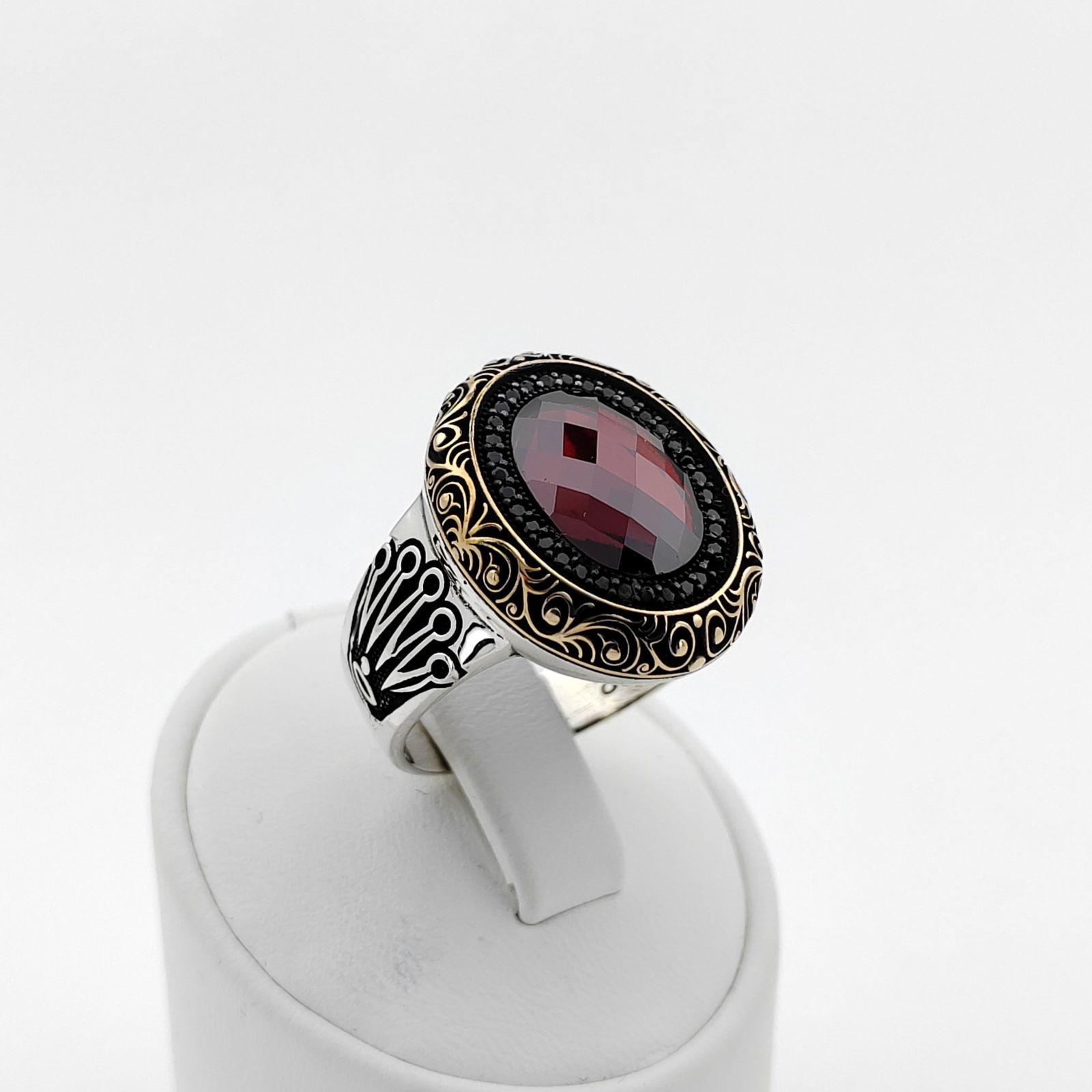 925 Silver Men's Ring Ornated with Facet Cut Red and Black Zircons (1 of 8)