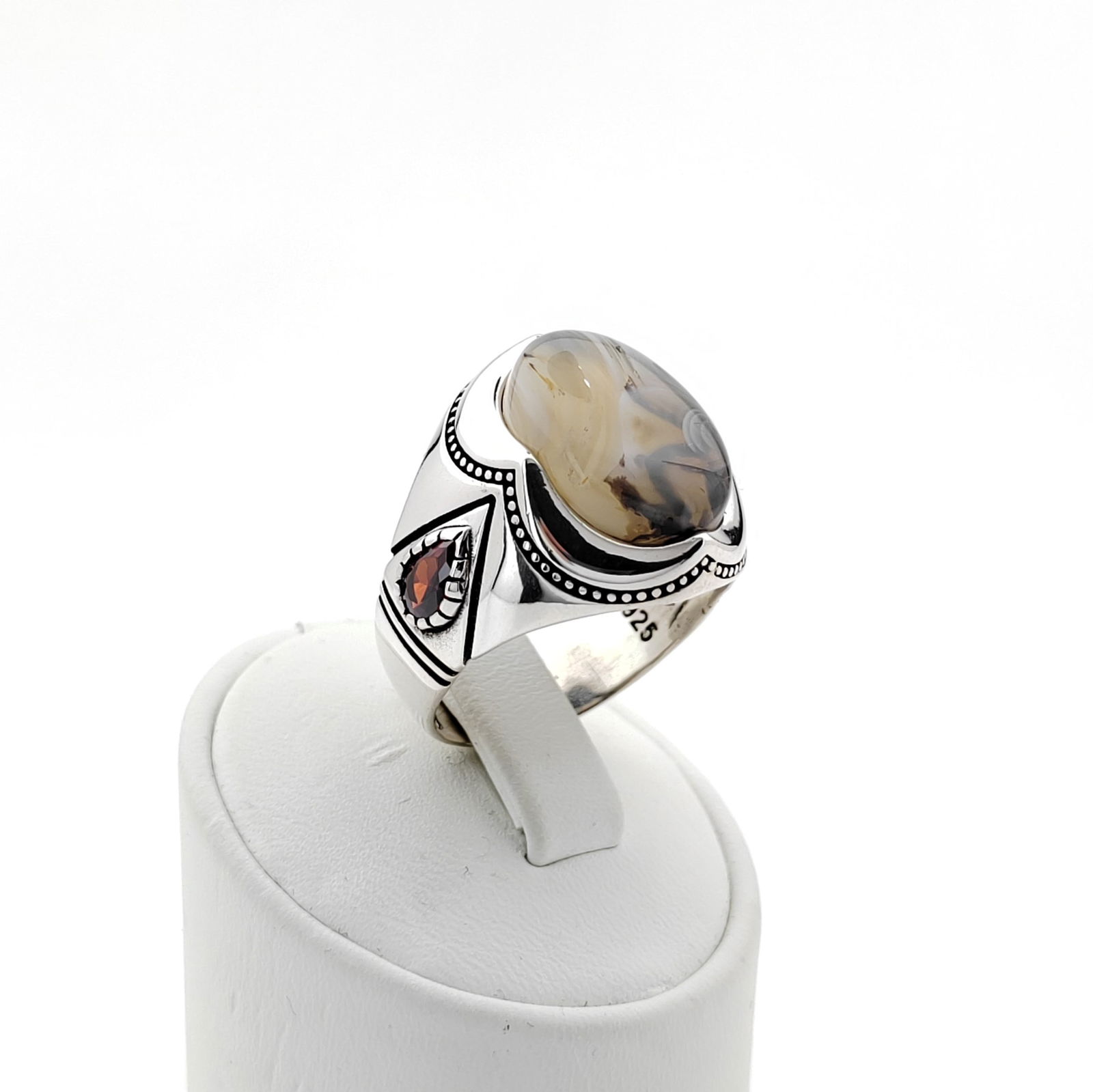 925 Silver Men's Ring with Agate and Marcasite (1 of 8)