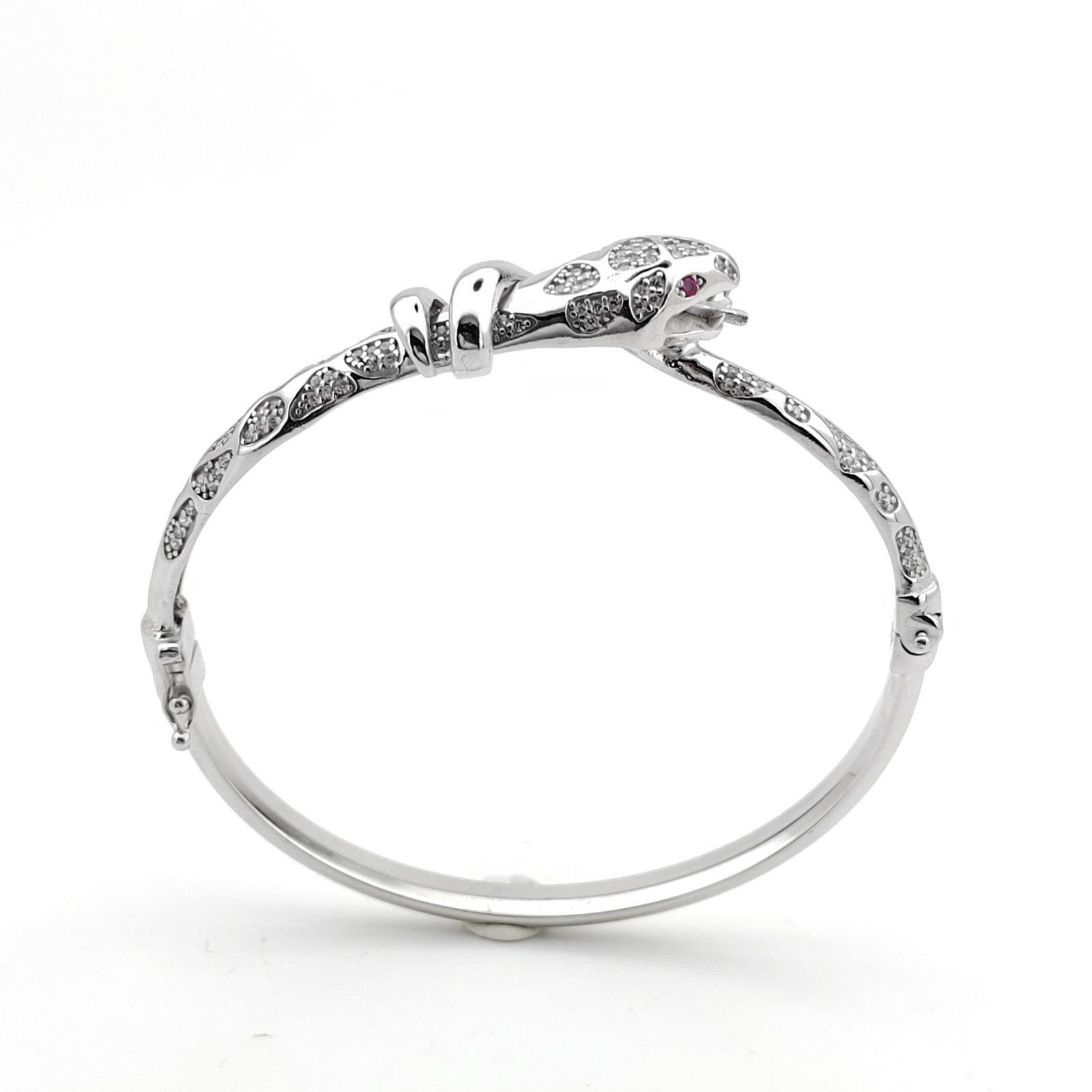 925 Sterling Silver Snake Ladies Bracelet Ornated with Red and White Zircons (1 of 8)