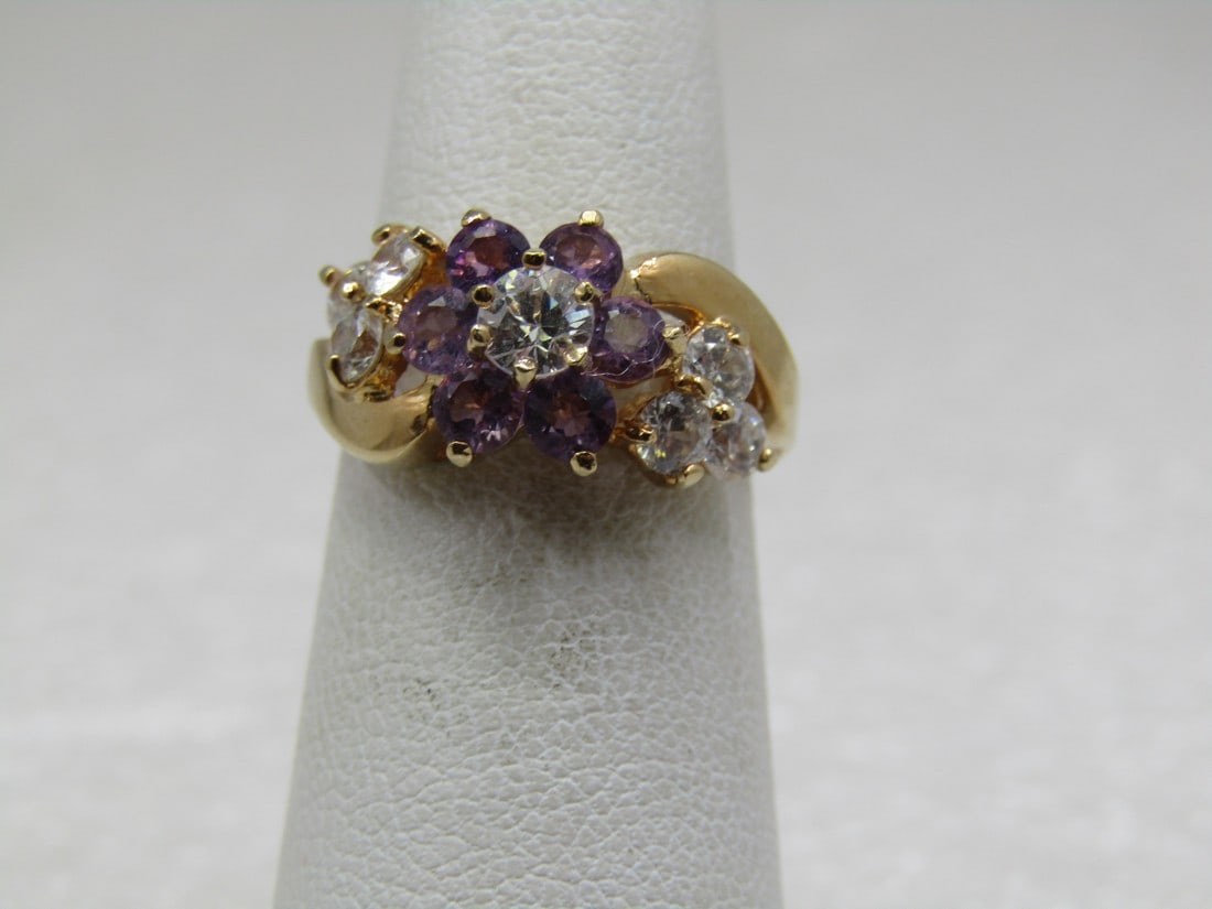 Vintage Rhinestone Floral Ring, Sz. 6, 14kt GEP (1 of 6)