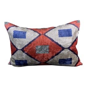Blue and Red Velvet Ikat Pillow Cover