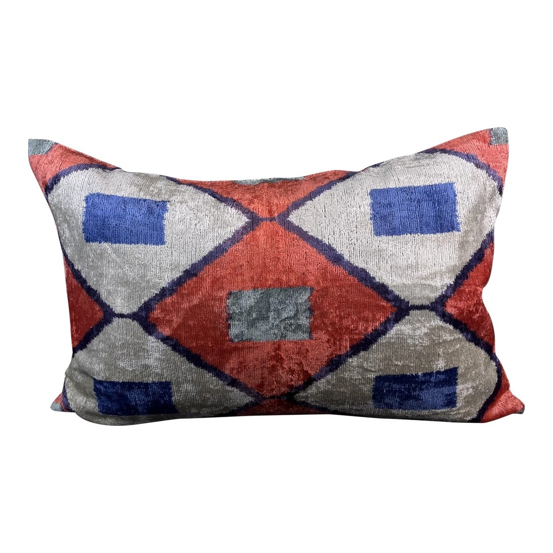 Blue and Red Velvet Ikat Pillow Cover