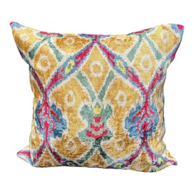 Turkish Modern Yellow Velvet Silk Ikat Pillow Cover