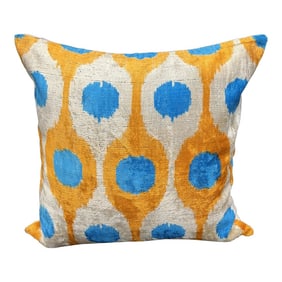 Turkish Modern Orange and Blue Velvet Silk Ikat Pillow Cover
