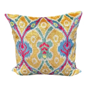 Turkish Modern Yellow Velvet Silk Ikat Pillow Cover