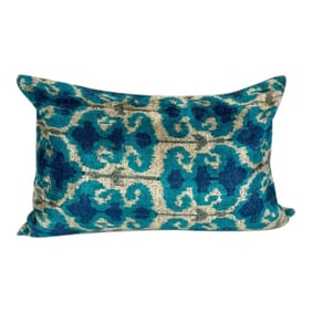 Turkish Modern Blue Velvet Silk Ikat Pillow Cover