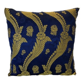 French Silk Brocade Royal Blue and Gold Embroidered Decorative Pillow