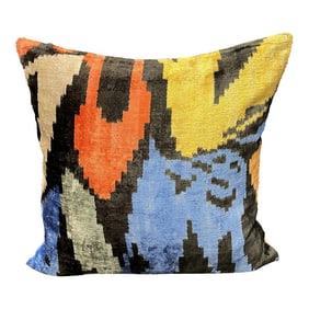Turkish Modern Blue Multicolor Velvet Silk Ikat Pillow Cover