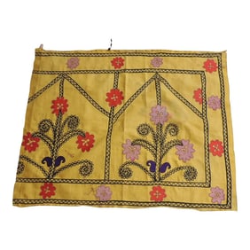 Vintage Yellow and Black Embroidery Suzani Textile Panel