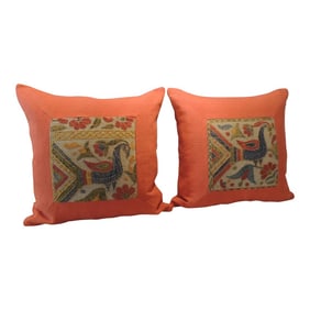 Vintage Bright Orange Indian Suzani Square Decorative Pillows - Set of 2