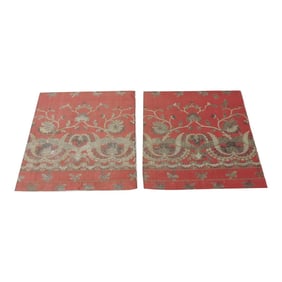 Antique Red & Silver Metallic Threads Embroidered Silk Chairs Seat Covers - a Pair