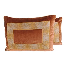 Gold and Brown Deco Style French Silk Ribbon Decorative Bolster Pillows - a Pair
