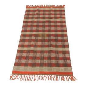 Vintage Red & Orange Woven Check Pattern Indian Textile