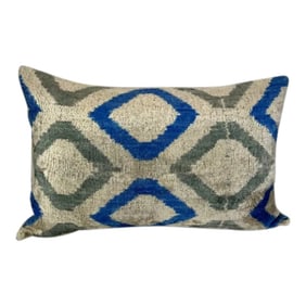 Turkish Modern Blue Gray Velvet Silk Ikat Pillow Cover