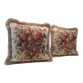Vintage Aubusson Style Orange and Green Tapestry Square Decorative Pillows - Set of 2
