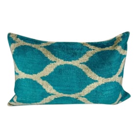 Turkish Modern Blue Velvet Silk Ikat Pillow Cover