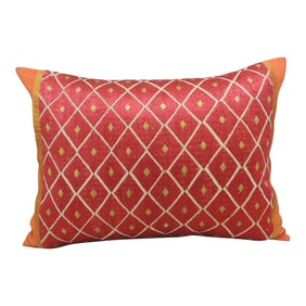 Vintage Red and Yellow "Phulkari" Embroidery Silk Bolster Decorative Pillow