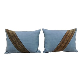 Vintage Blue and Orange Asian Bolster Decorative Pillows- a Pair