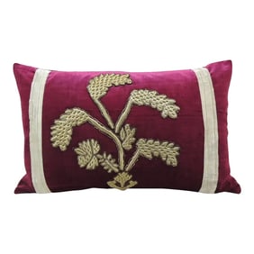 Antique Red Silk Velvet Applique Bolster Decorative Pillow