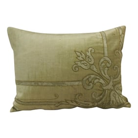 Antique Silk Velvet Olive Green Applique Decorative Bolster Pillow
