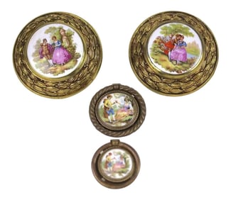 Early 20th Century Porcelain Fragonard Aged Brass Pulls & Tie Backs With Two-Drawer Pulls - 4 Pieces