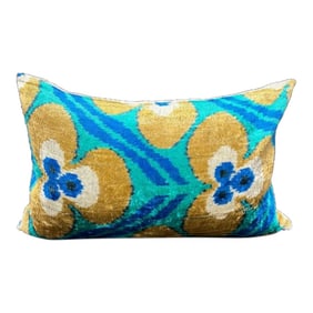 Turkish Modern Blue Velvet Silk Ikat Pillow Cover