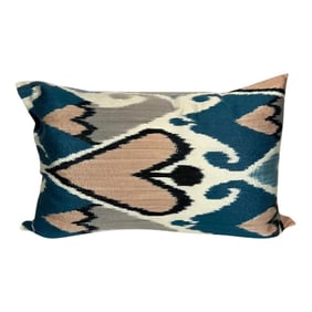 Turkish Modern Pink and Blue Silk Ikat Pillow Cover