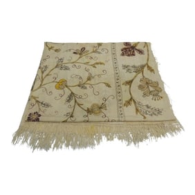 Large Antique Art Nouveau Floral Embroidered Silk Cloth With Fringes
